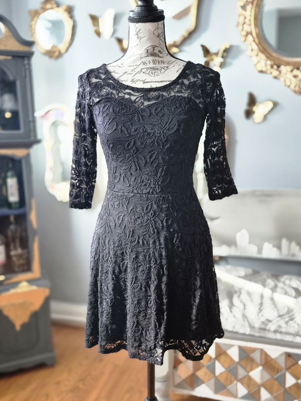 Material Girl Whimsigoth Romantic Black Lace Mini Dress Small